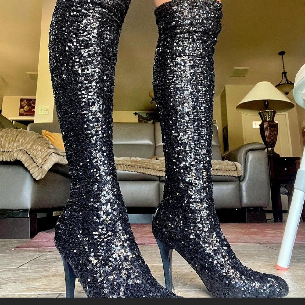 Glamorous Black Sequin Over-the-Knee Boots